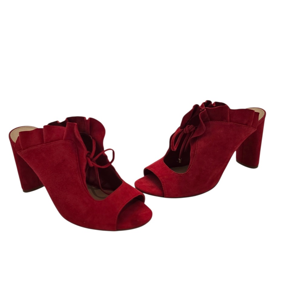 Antonio Melani Red Suede Ruffle Block Heel Open Toe Mule Sandals 9.5M Women's